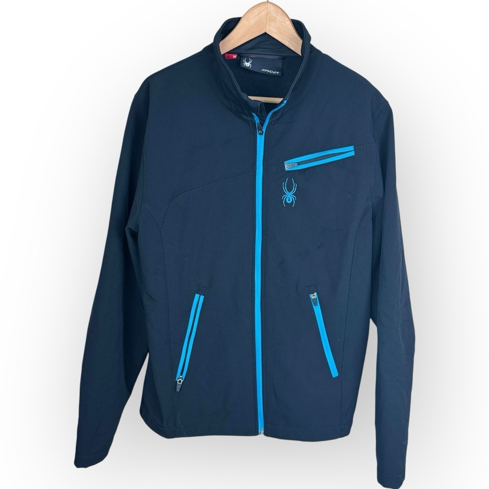 Spyder Softshell Jacket Mens Medium Navy Blue Excellent Full Zip Mock Neck‎ Logo